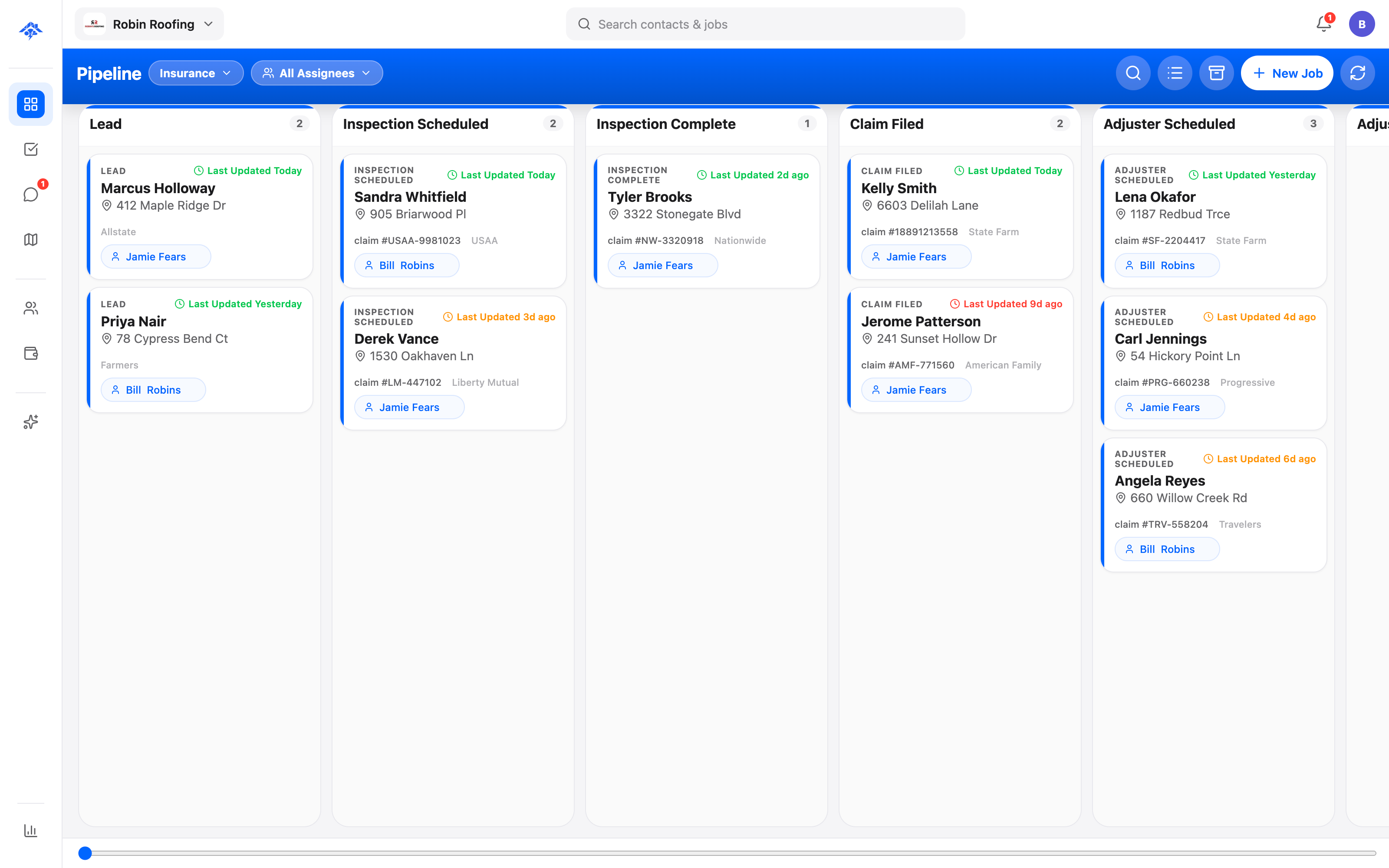 HailMate claims pipeline board on the web. Kanban-style columns for stages like Inspection, Claim Filed, Adjuster Meeting, Approved, Supplementing, Build Scheduled, Build Complete, Invoiced, and Paid. Each column holds job cards showing the homeowner name, carrier, claim amount, and days-in-stage. A summary bar across the top shows total pipeline value and jobs awaiting action.
